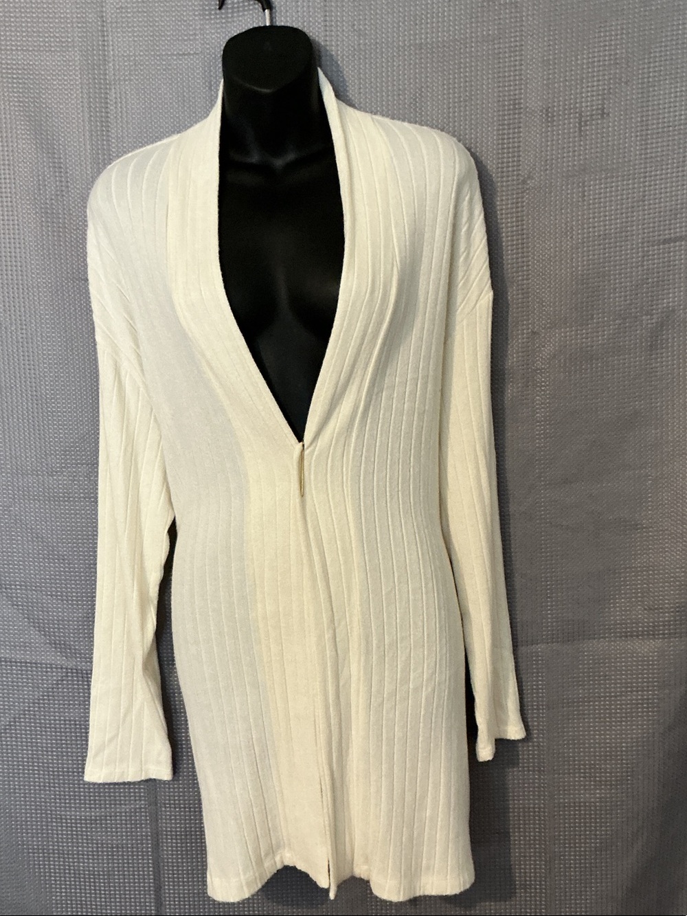 Open-Front Cream Ribbed Longline Cardigan